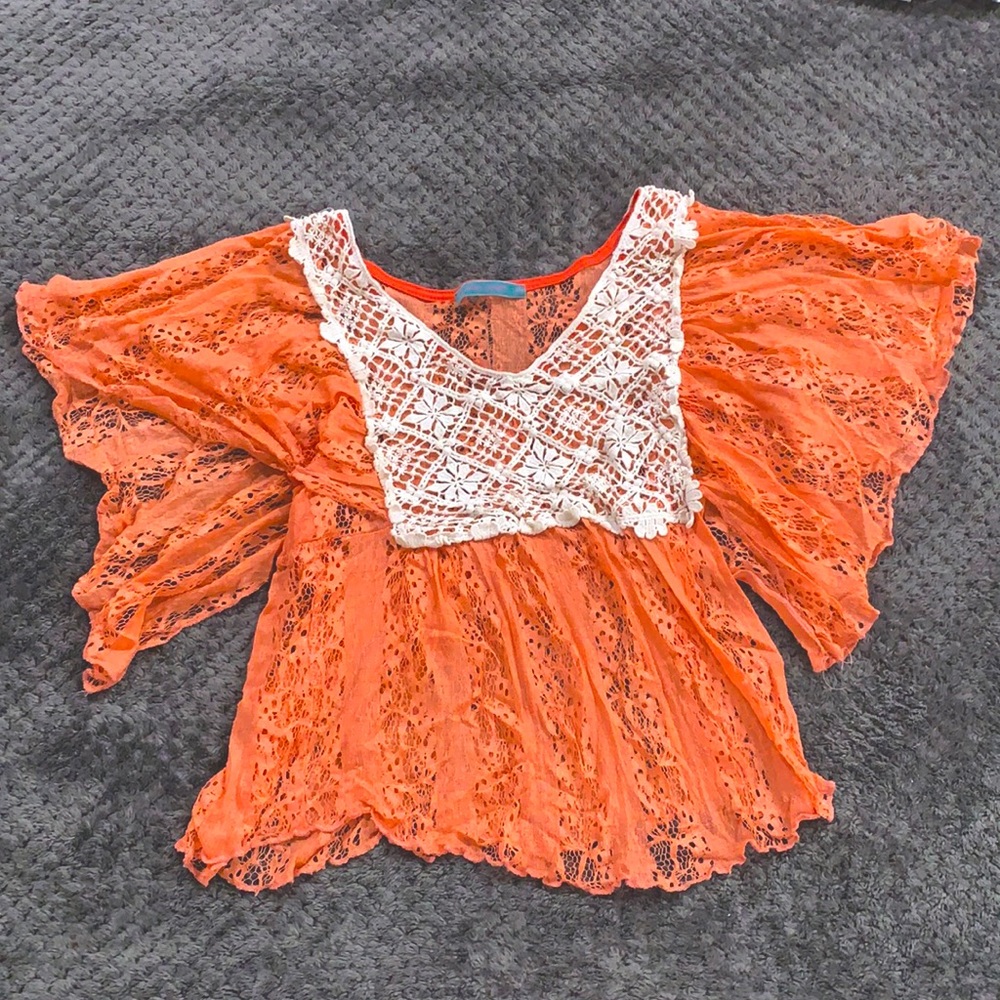 julie's closet orange and white fall boho flowy ruffle and lace blouse
